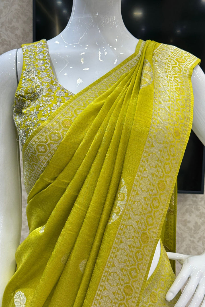 Green Banaras Zari work Saree with Zari and Sequins work Readymade Blouse