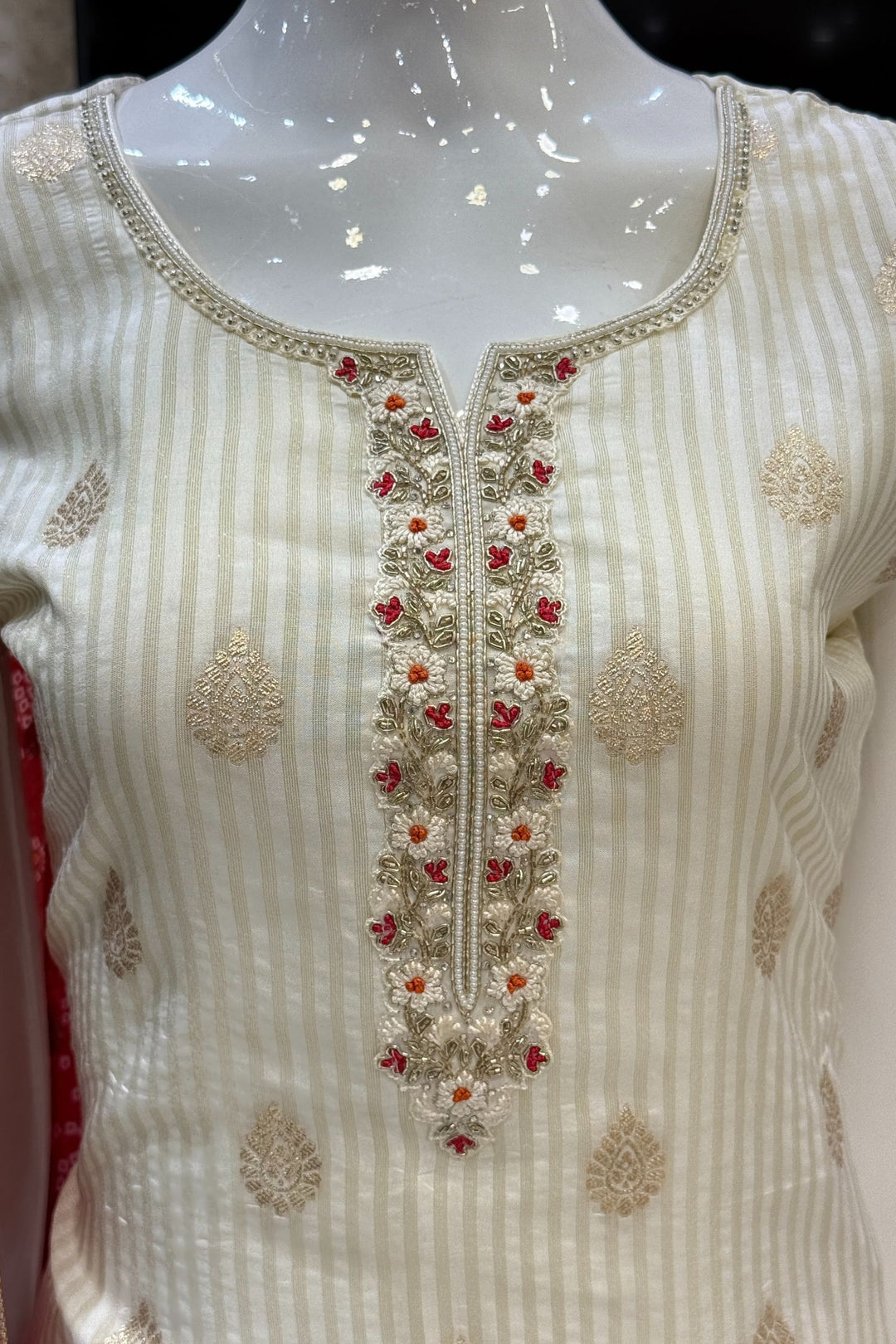 Cream Beads, Thread and Banaras work Straight Cut Salwar Suit with Bandini Print Dupatta