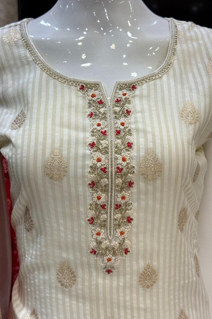 Cream Beads, Thread and Banaras work Straight Cut Salwar Suit with Bandini Print Dupatta