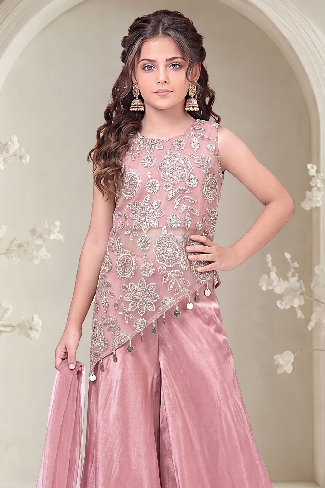Onion Pink Zari, Beads and Sequins work Palazzo Suit Set for Girls