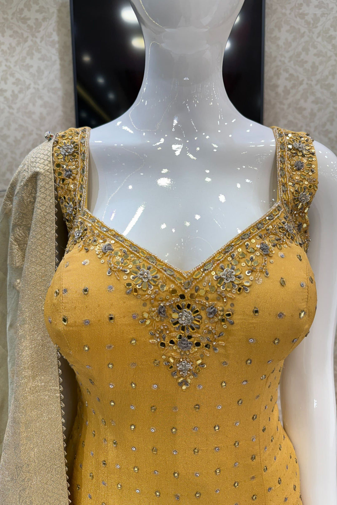 Golden Yellow with Grey Mirror, Sequins, Zari, beads and Banaras work Palazzo Salwar Suit