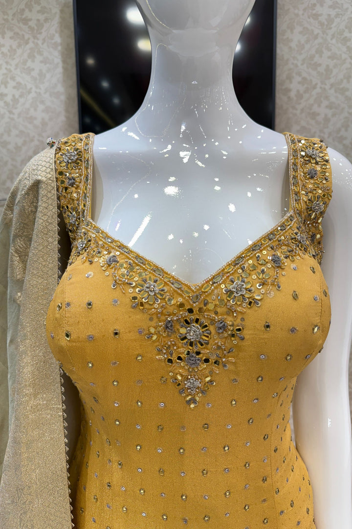 Golden Yellow with Grey Mirror, Sequins, Zari, beads and Banaras work Palazzo Salwar Suit
