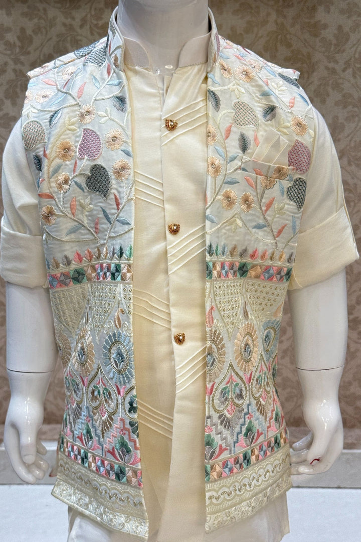 Cream Multicolor Embroidery and Sequins work Waist Coat Kurta Set for Boys