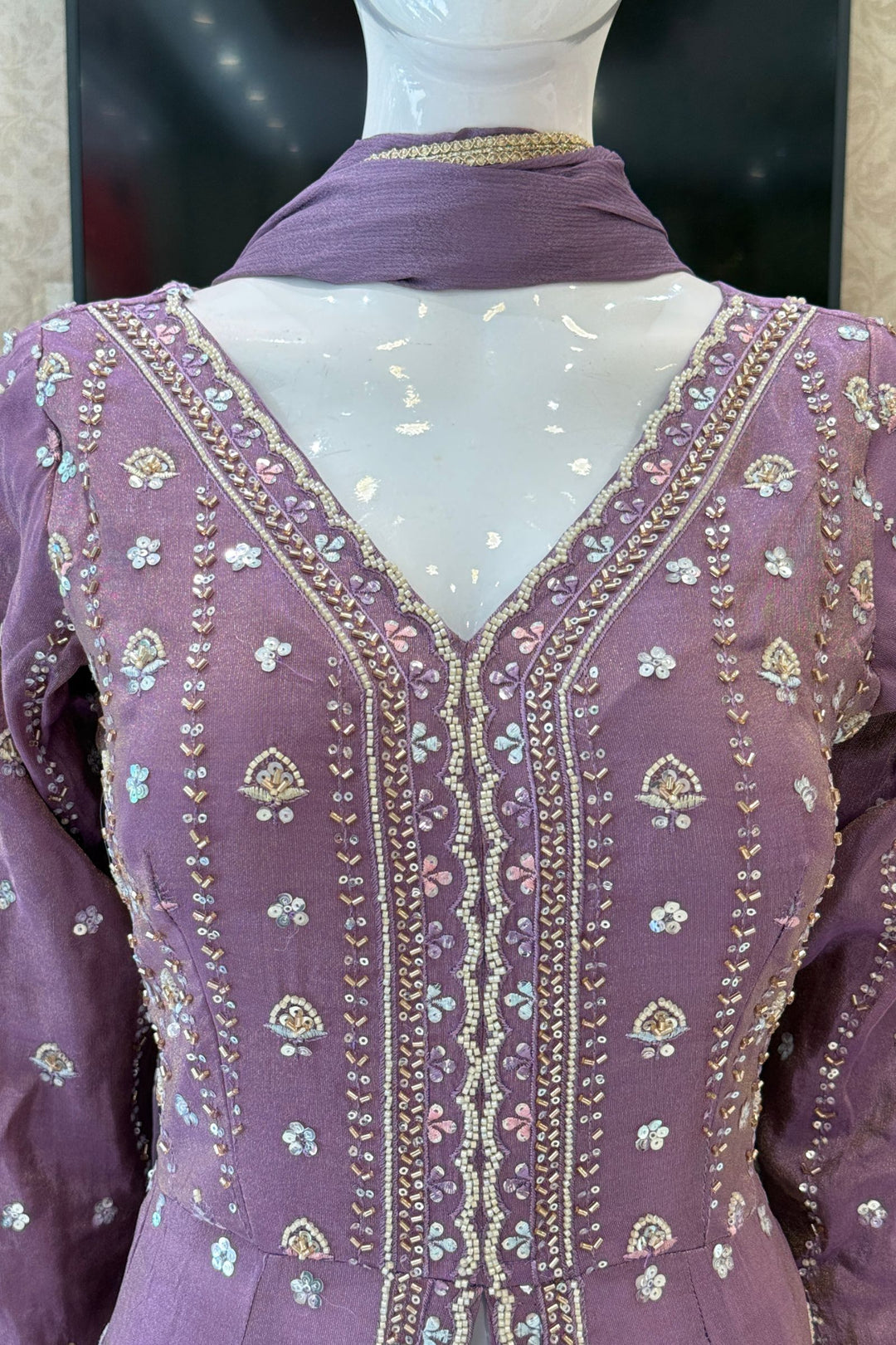 Lilac Beads, Sequins and Thread work Long Top with Straight Pant