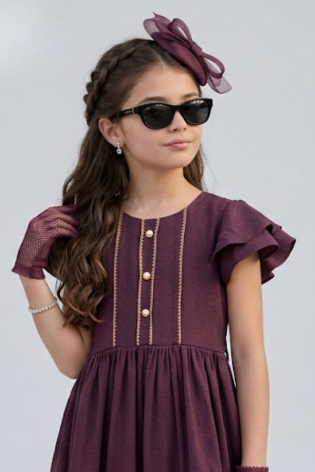 Wine Floral Embroidery work Short Casual Frock For Girls