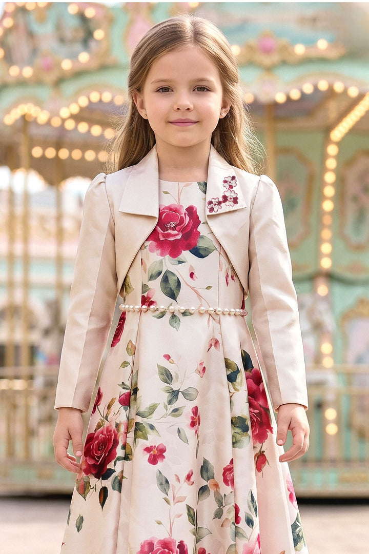Light Beige with Floral Print Jacket Styled Long Party Gown for Girls