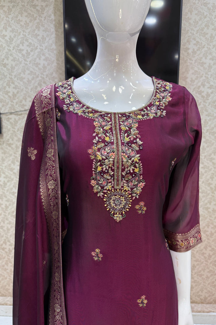 Wine Beads, Sequins, Zari, Stone, Banaras and Jacquard work Straight Cut Salwar Suit