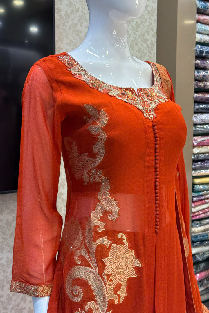 Orange Banaras, Stone, Zardozi, SEquins, Beads and Zari work Straight Cut Salwar Suit