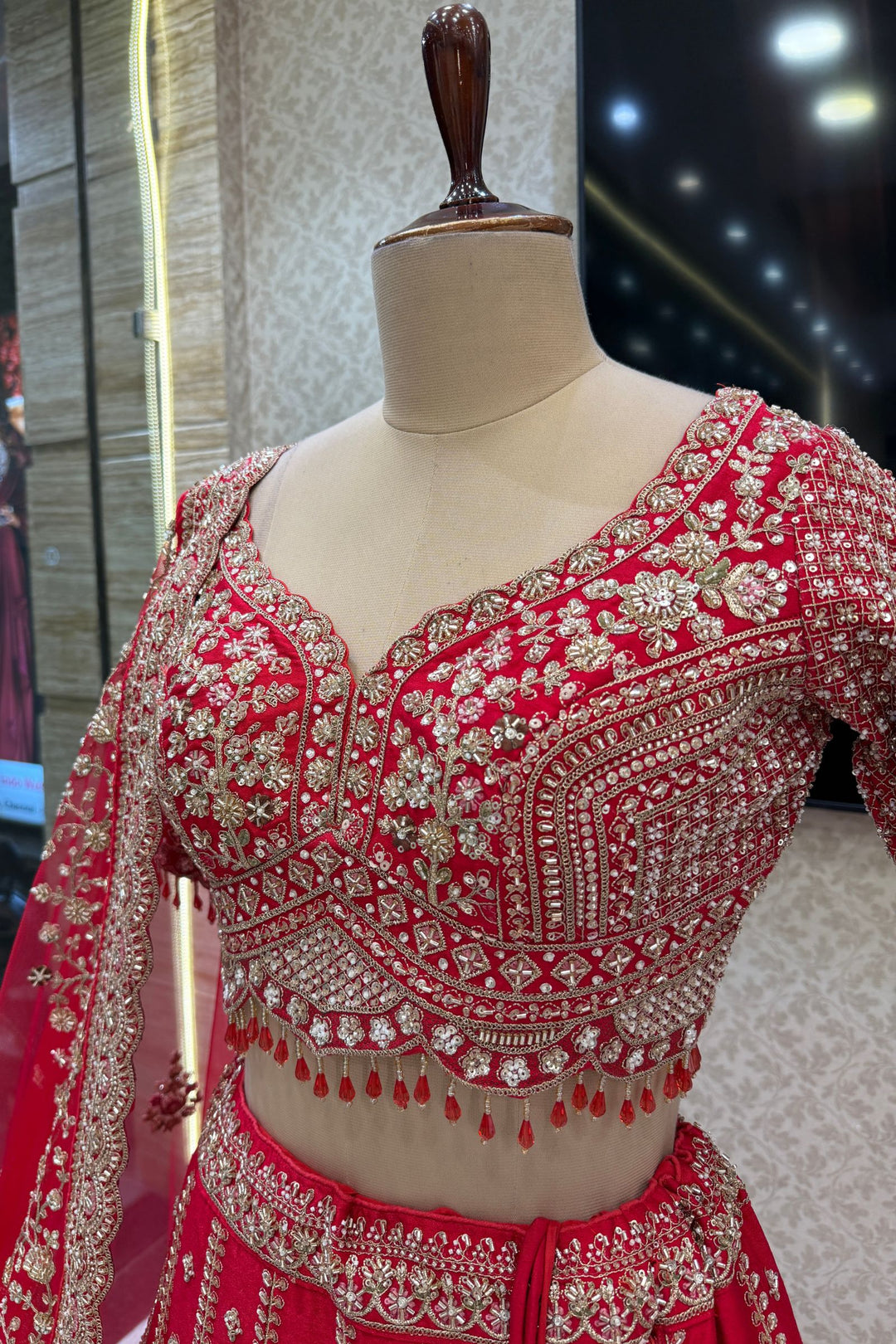 Red Beads, Zari, Zardozi, Thread and Sequins work Crop Top Designer Bridal Lehenga
