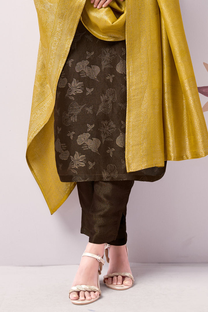 Brown Brocade, Stone, Zardozi, Zari and Mirror work Straight Cut Salwar Suit