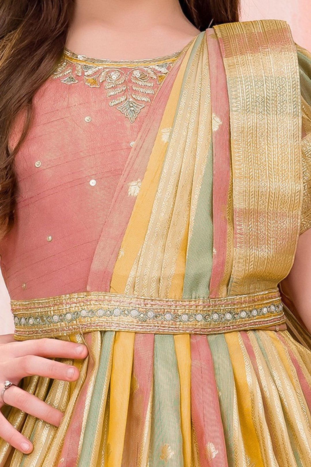 Peach Zardozi and Zari work with Multicolor Long Party Gown for Girls