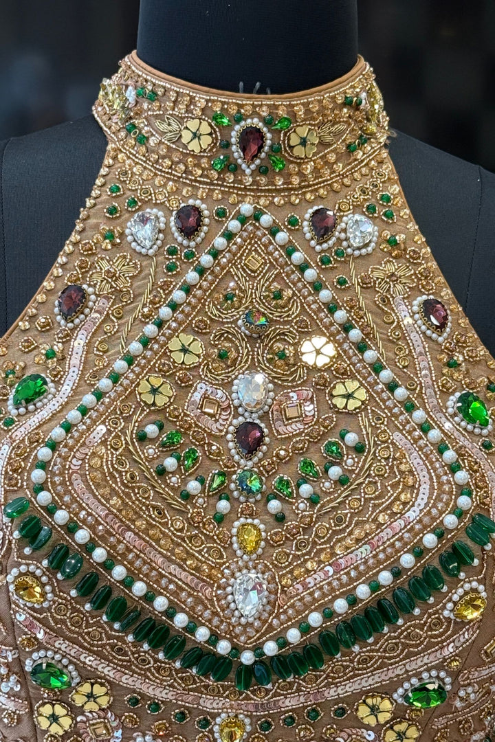 Gold Beads, Zardozi, Stone, Sequins and Pearl work with Halter Neck Crop Top Lehenga