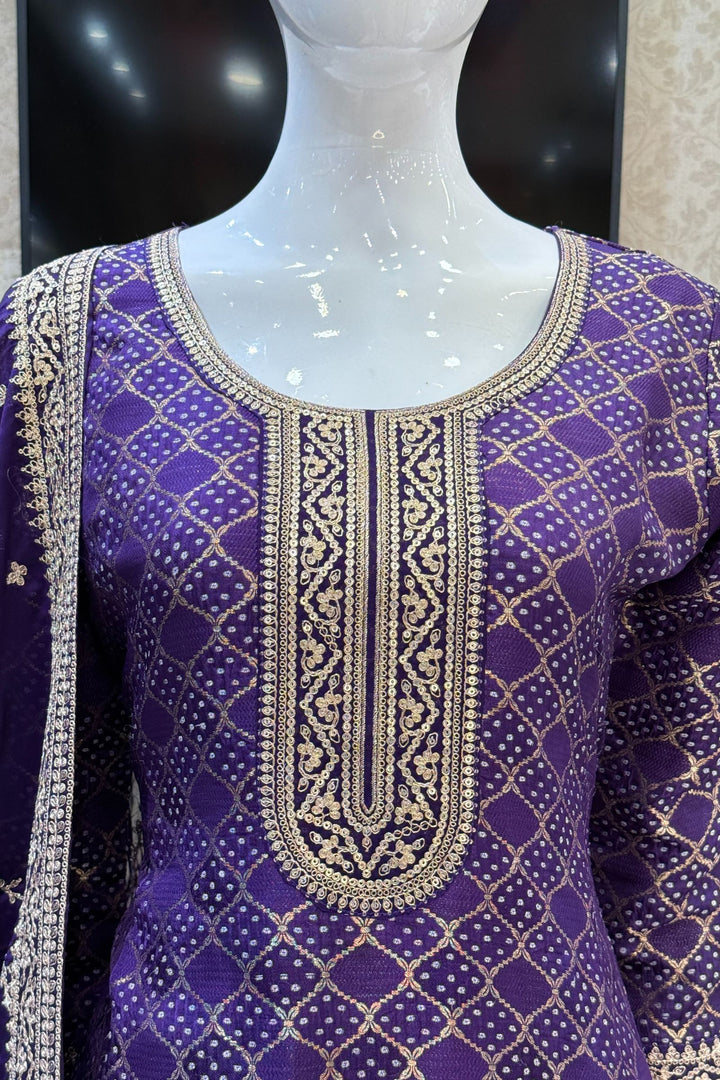 Purple Banaras, Sequins and Zari work with Bandini Print Straight Cut Salwar Suit
