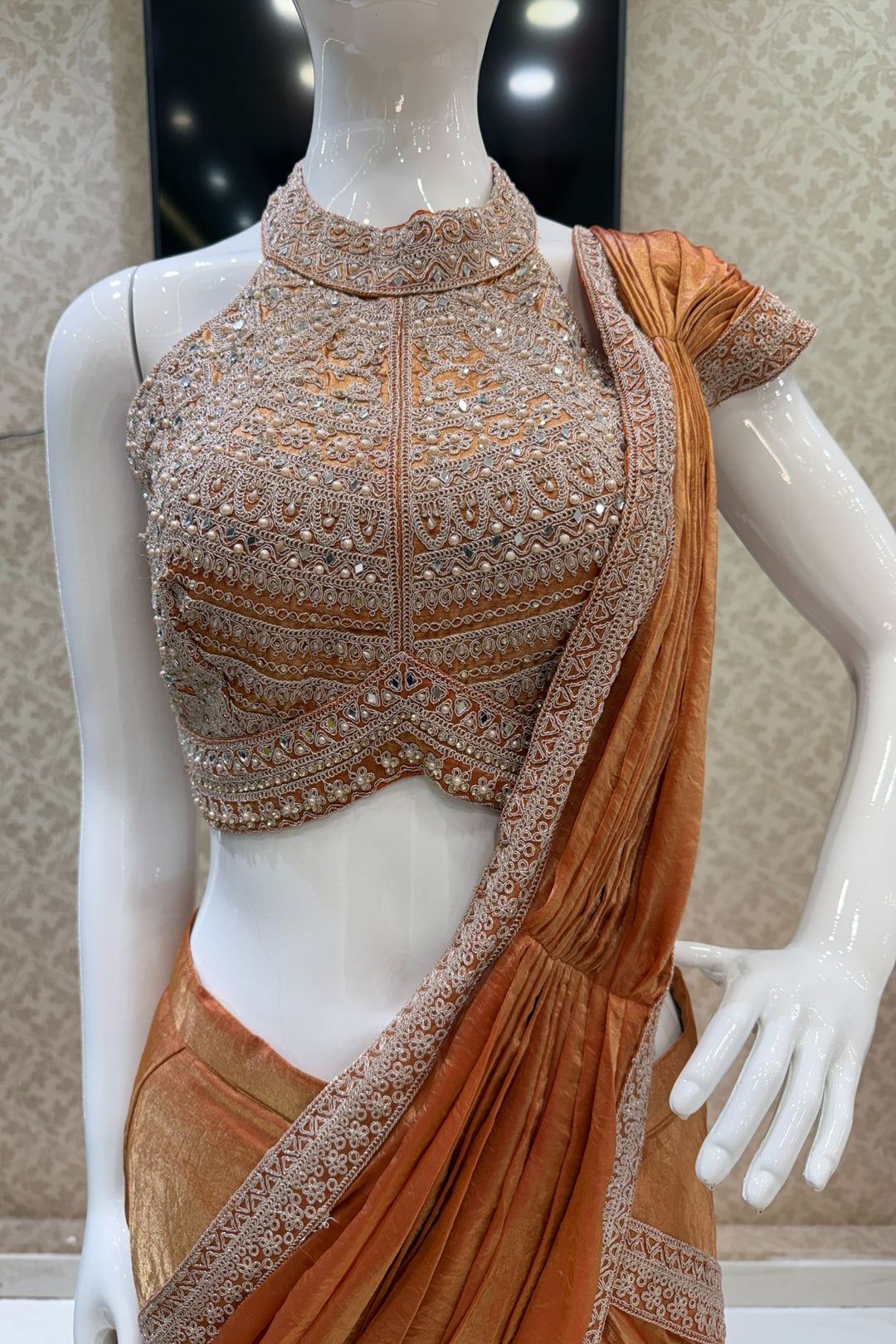 Orange Readymade Saree with Pearl, Zari Thread, Mirror and Stone work Readymade Blouse