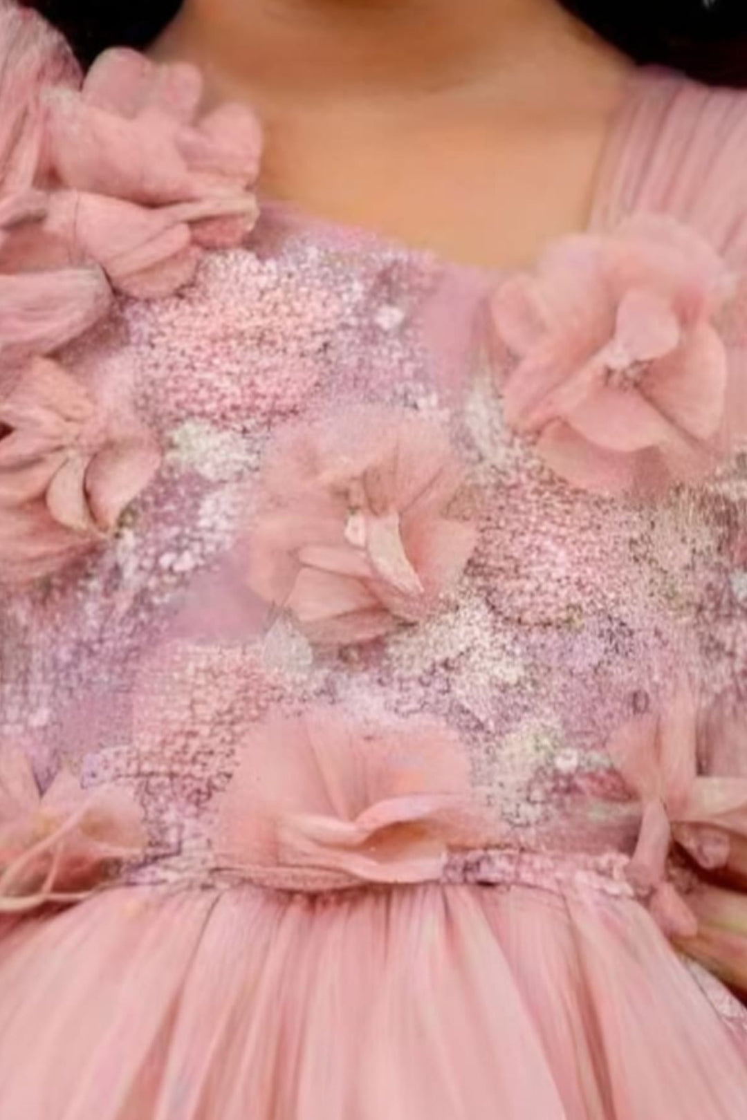 Onion Pink Beads, Sequins and Zari Thread work Tail Cut Double Layered Partywear Frock for Girls