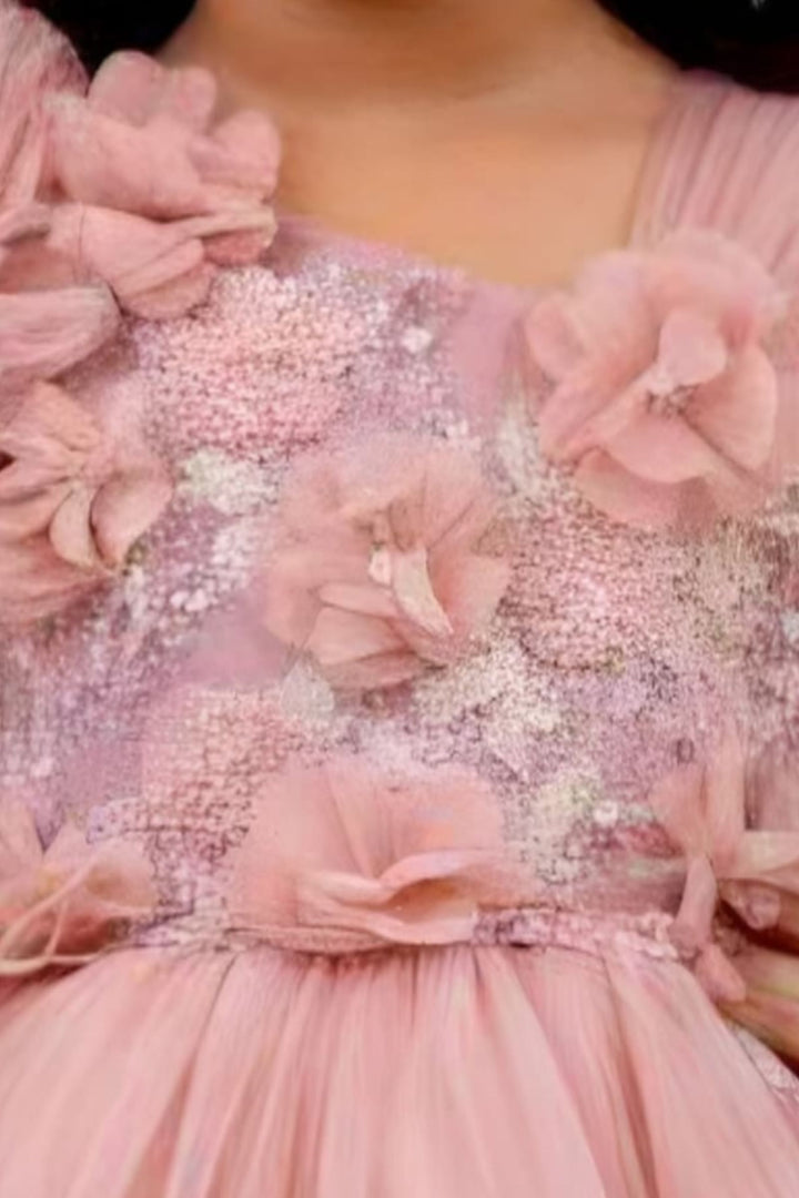 Onion Pink Beads, Sequins and Zari Thread work Tail Cut Double Layered Partywear Frock for Girls