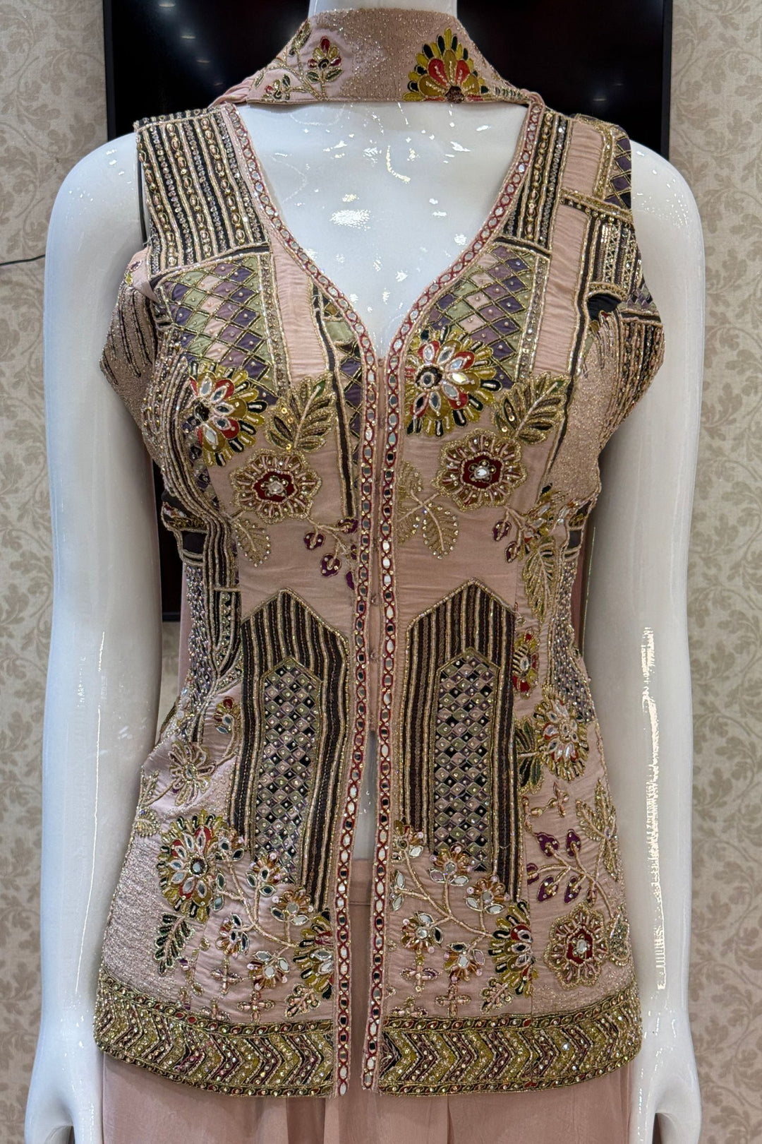 Peach Beads, Mirror, Zari and Thread work with Digital Print Palazzo Salwar Suit