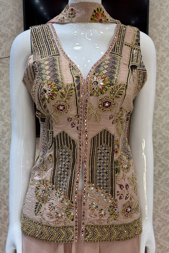 Peach Beads, Mirror, Zari and Thread work with Digital Print Palazzo Salwar Suit