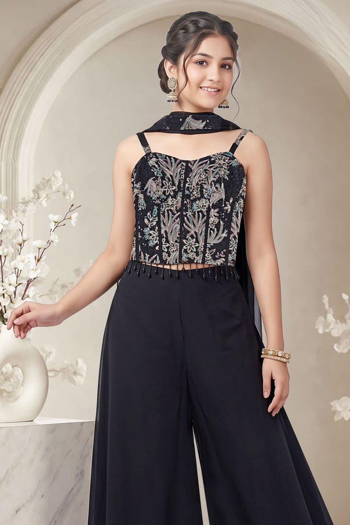 Black Floral Embroidered, Beads, Stone, Zari and Sequins work Palazzo Set