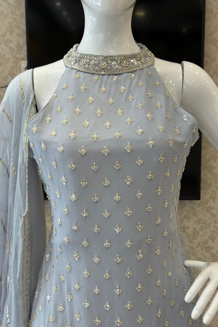 Sea Blue Zari, Sequins and Beads work Palazzo Salwar Suit