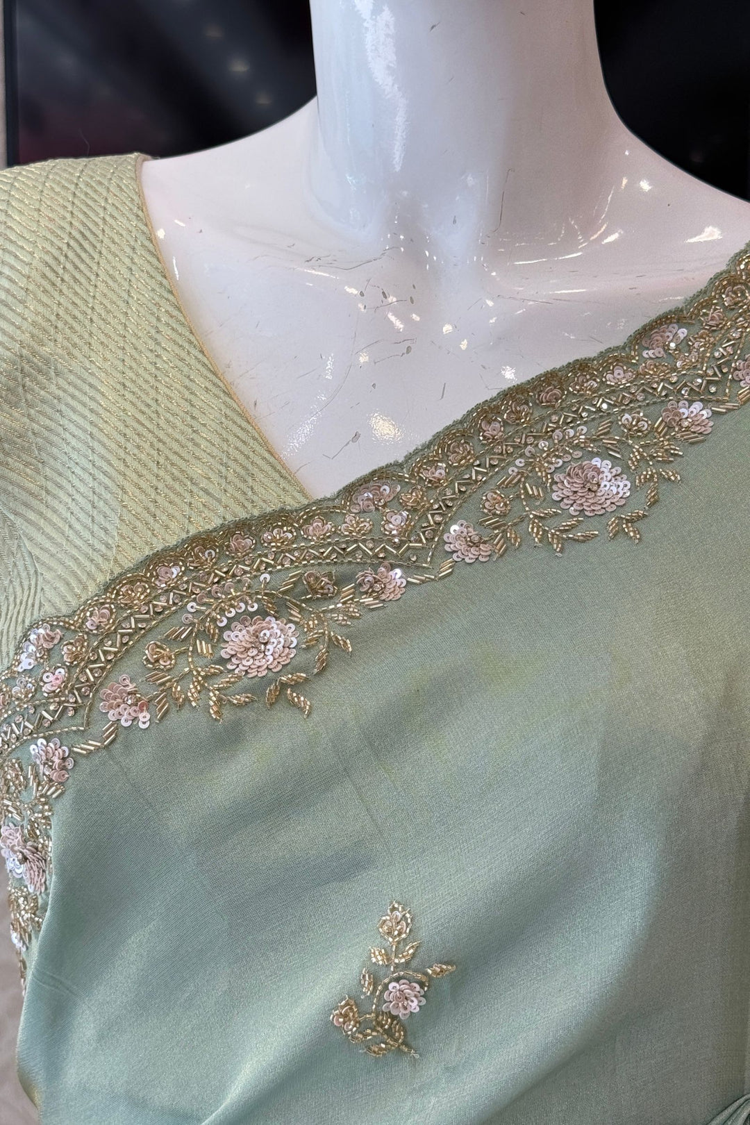 Light Pista Green Party Wear Saree with Sequins, Beads Border and Floral Motif Embroidery