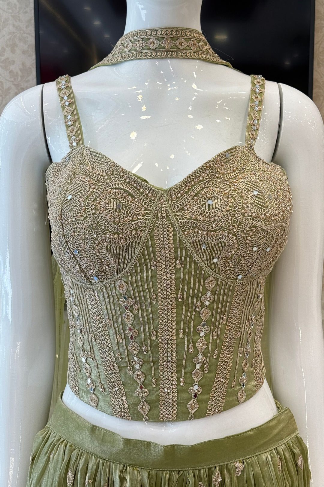 Pista Green Zari Thread, Mirror and Stone work Palazzo Set with Corset Top