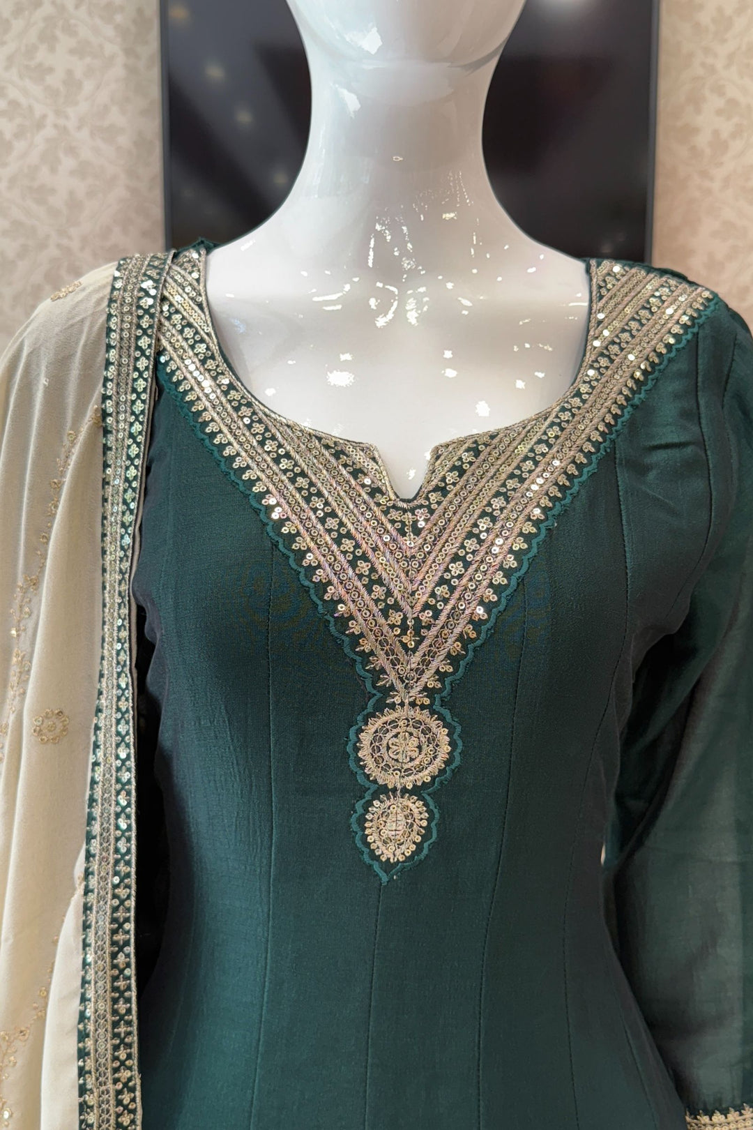 Bottle Green Sequins and Zari work A-line Cut Salwar Suit