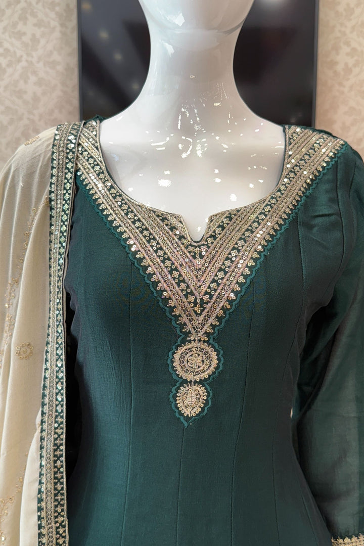 Bottle Green Sequins and Zari work A-line Cut Salwar Suit