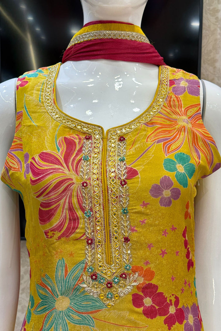 Yellow Zardozi, Beads, Sequins and Stone work with Floral Print Straight Cut Salwar Suit