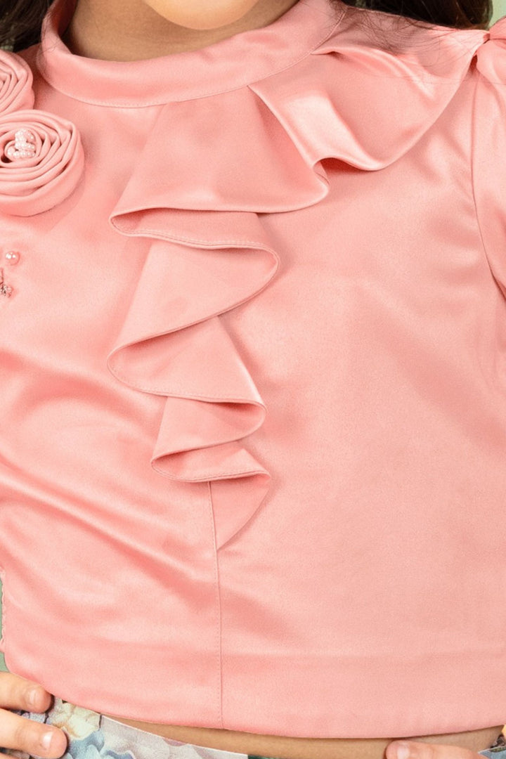 Peach with Floral Print Skirt and Top for Girls