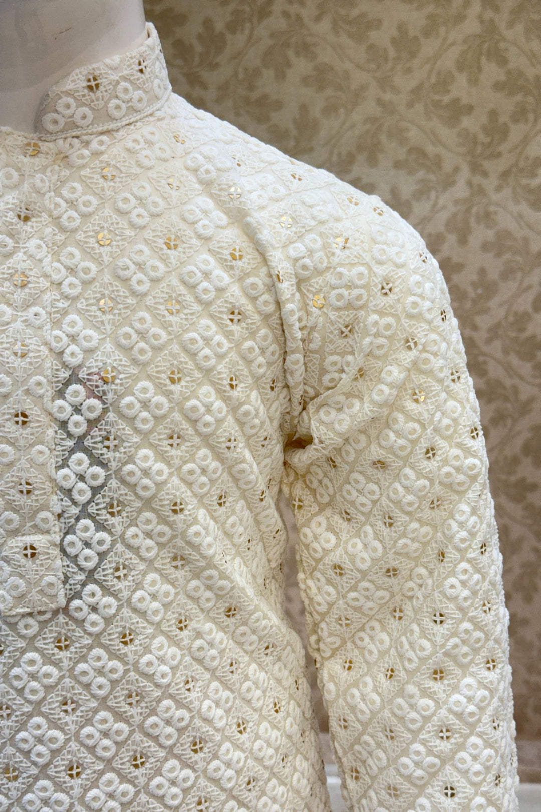 Cream Sequins and Embroidery work Kurta Set for Boys