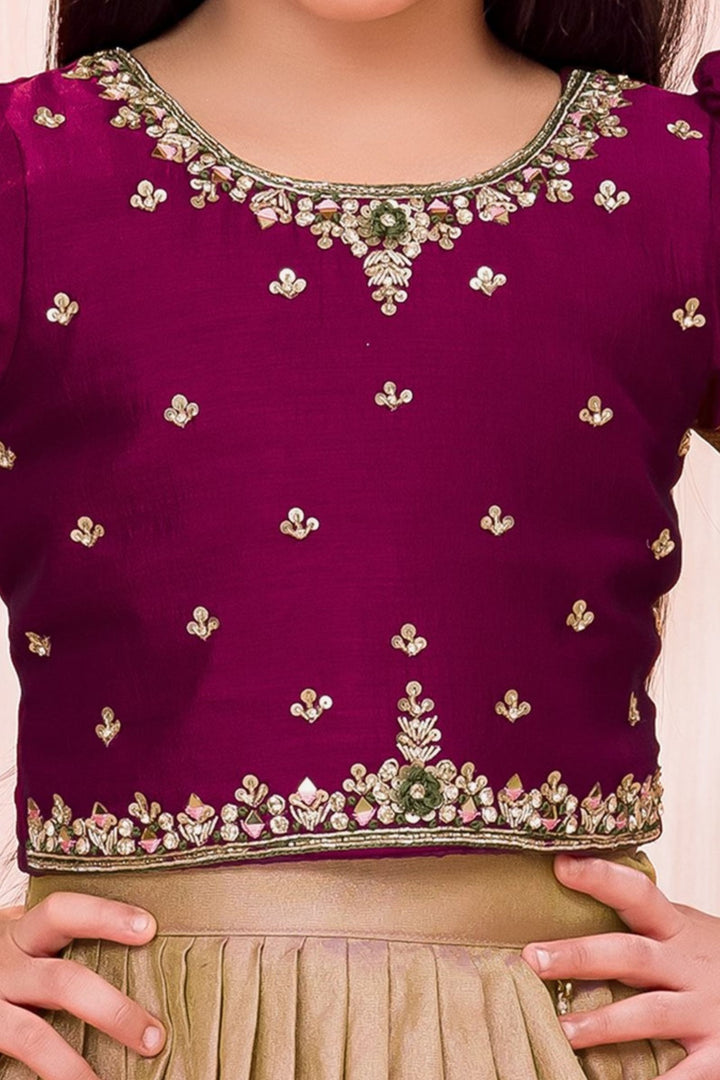 Maroon with Beige Sequins, Beads, Mirror and Zari work Lehenga Choli for Girls