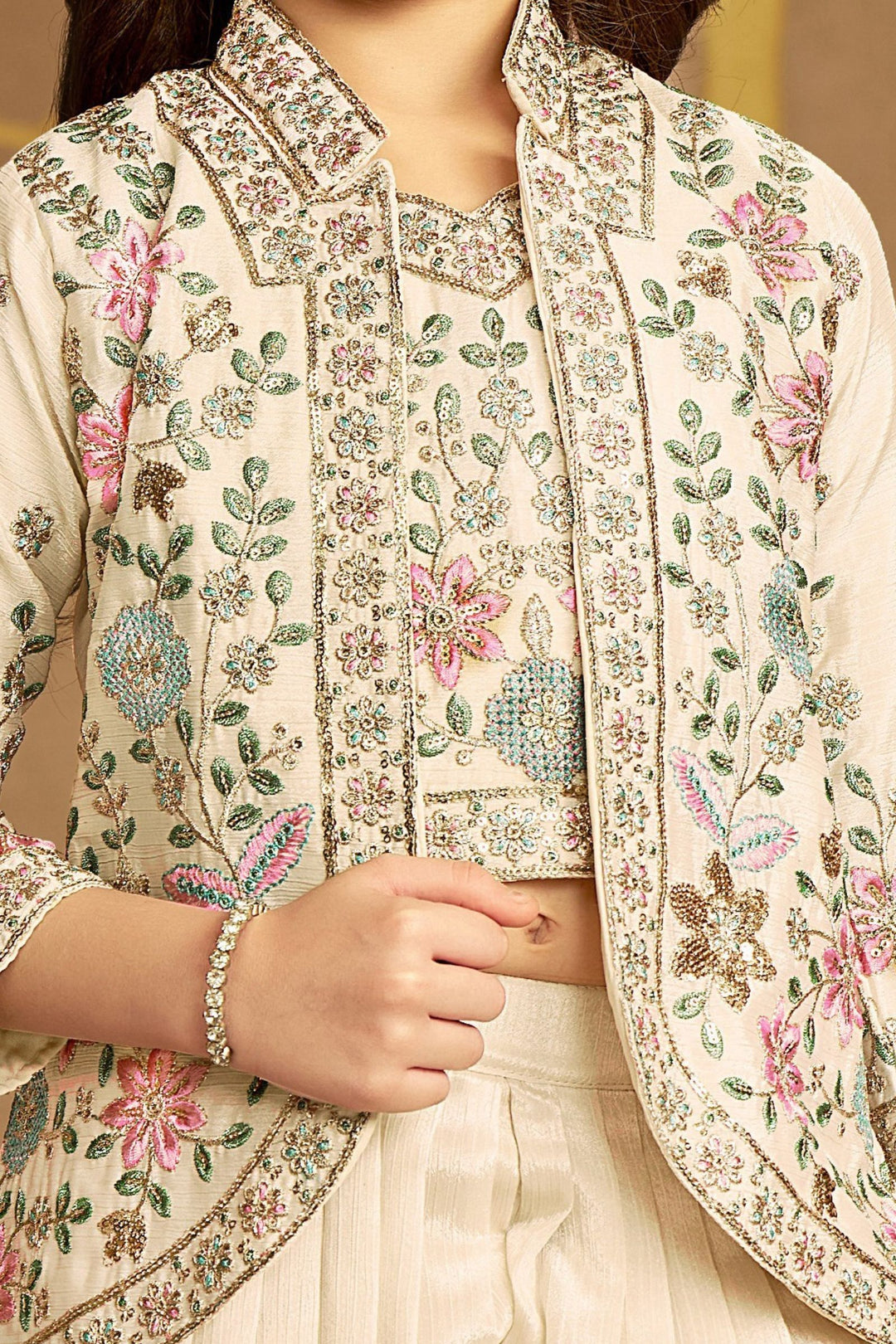 Cream Multicolor Thread, Zari and Sequins work Jacket Styled Palazzo Suit Set for Girls
