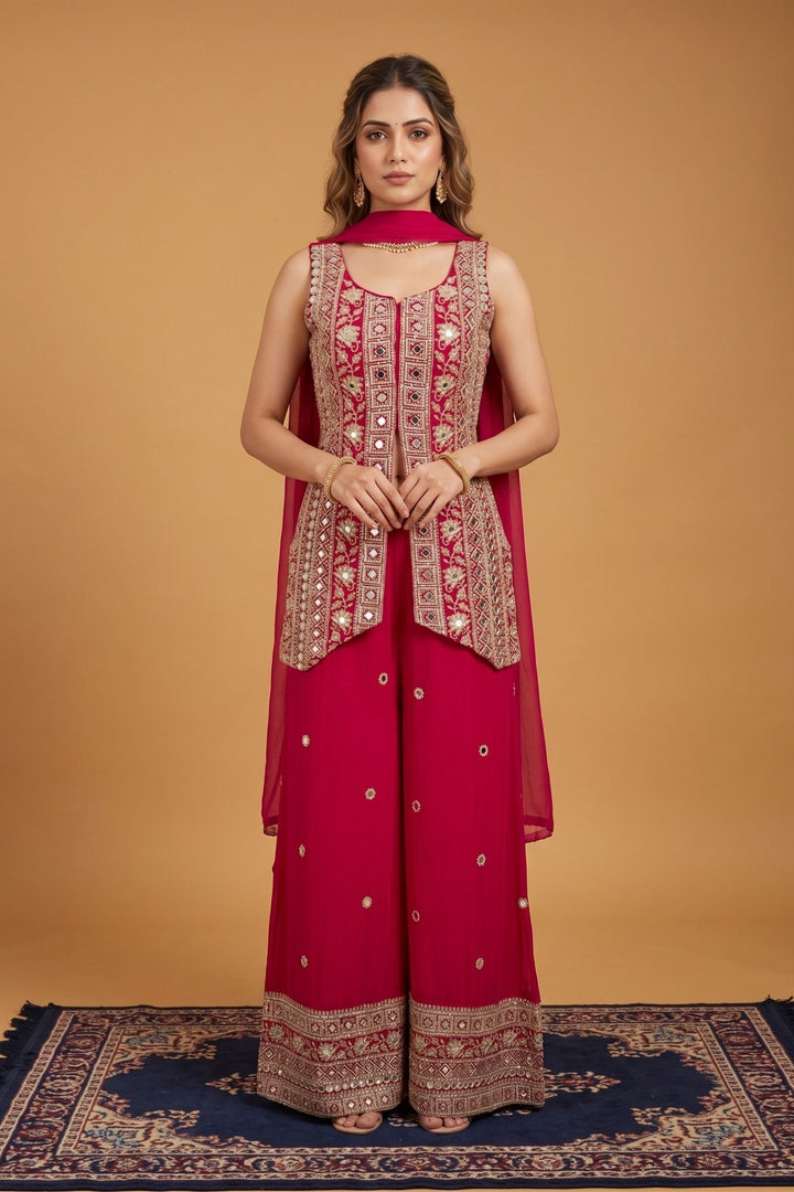 Rani Pink Mirror, Beads, Sequins and Zari work Palazzo Salwar Suit
