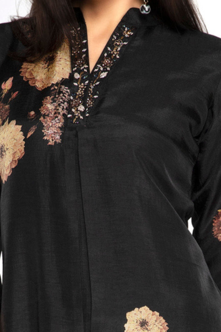 Black Zardozi, Beads and Stone work with Floral Print A-line Cut Calf Length Kurti