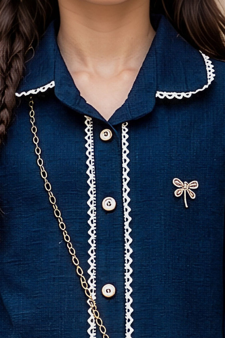 Teal Blue Embroidery and Sequins work  Co-ord Set for Girls with Bag