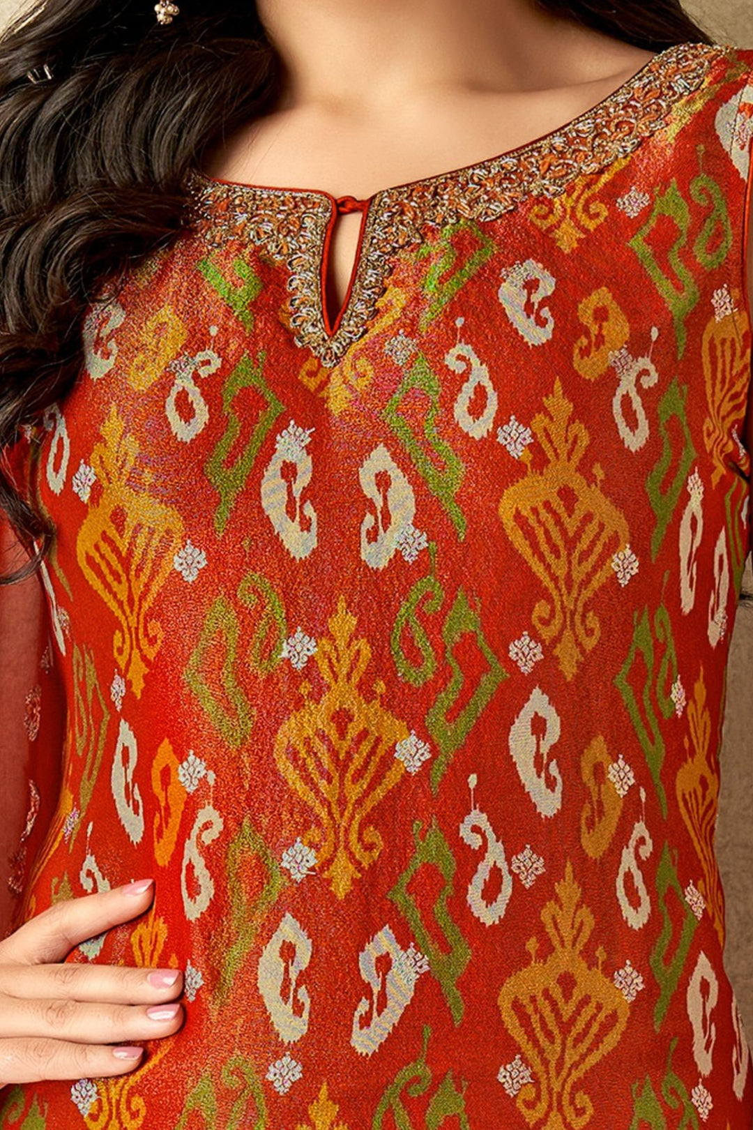 Orange Zardozi, Beads and Banaras Butta work with Ikat Print Straight Cut Salwar Suit