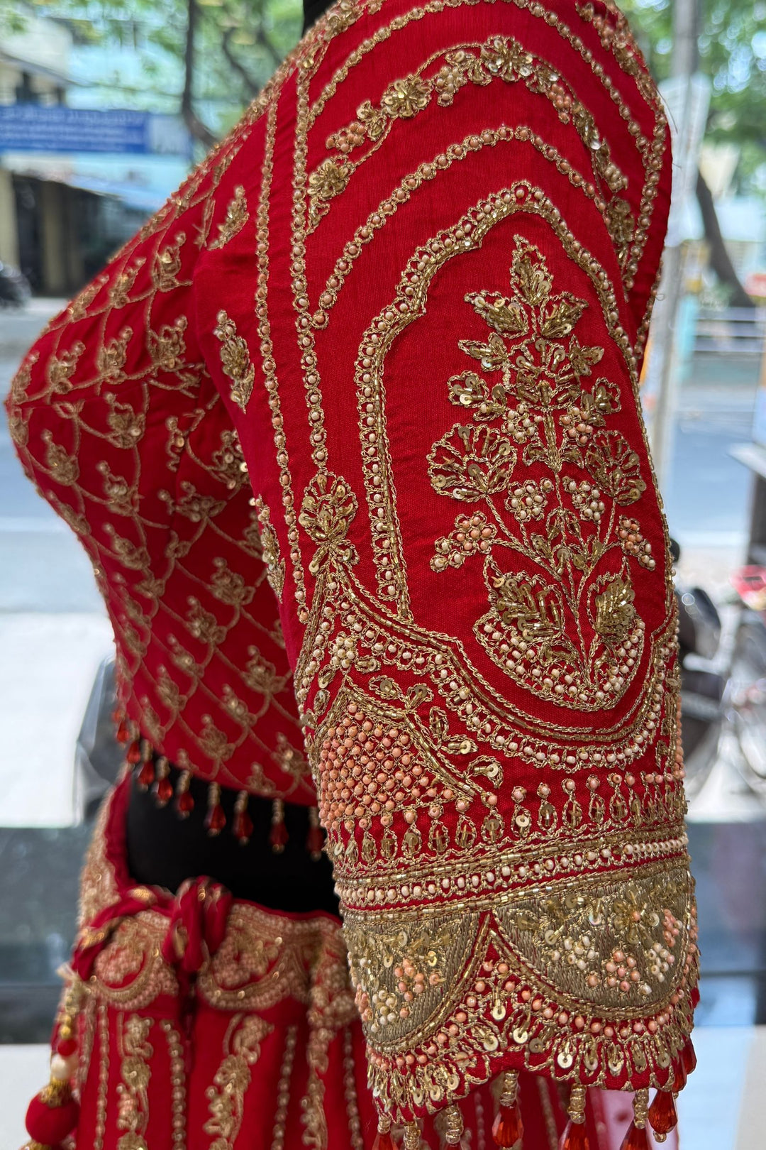 Red Zardozi, Sequins, Beads, Pearl, Thread and Zari work Crop Top Designer Bridal Lehenga