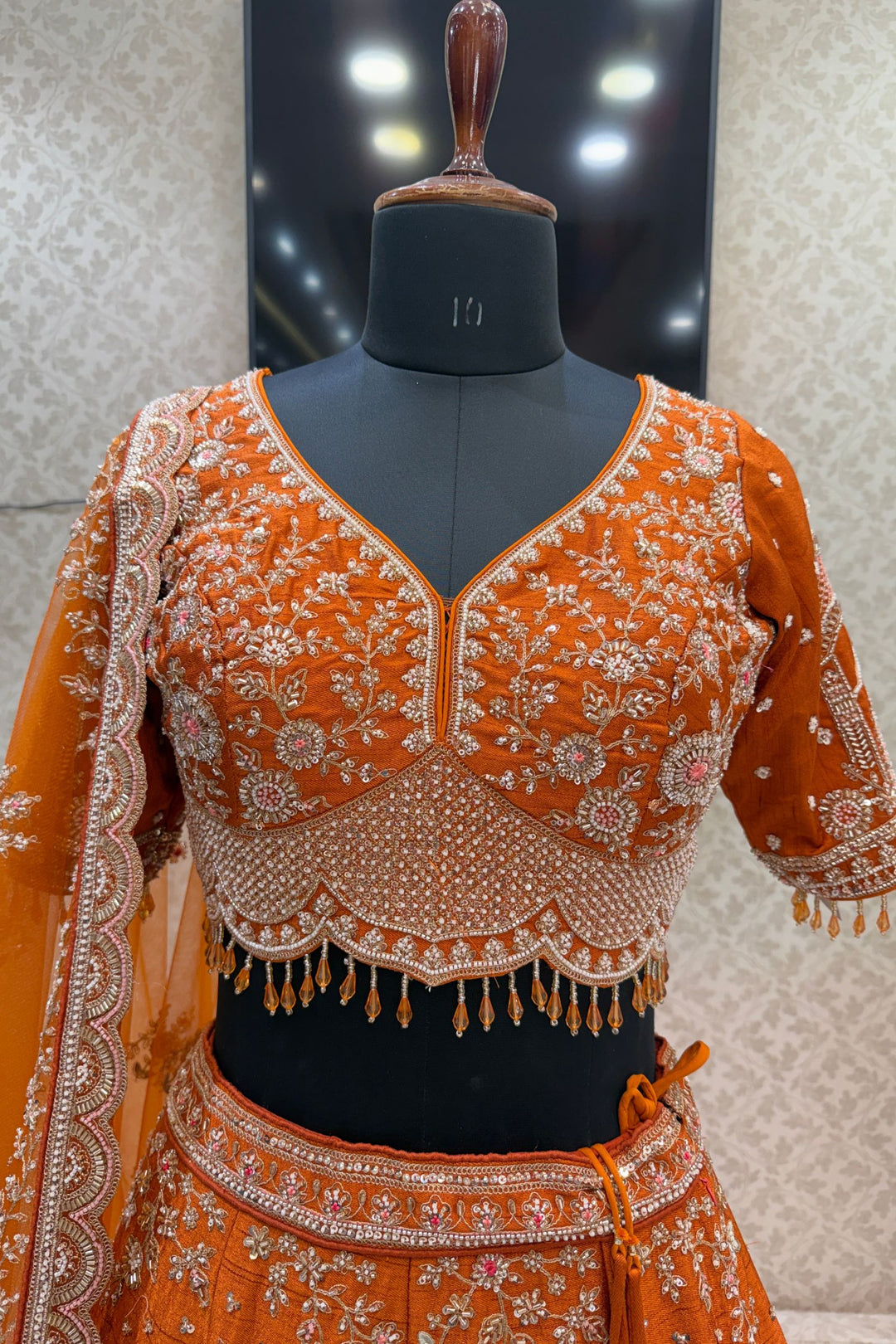 Orange Royal Heritage Motif Wedding Lehenga