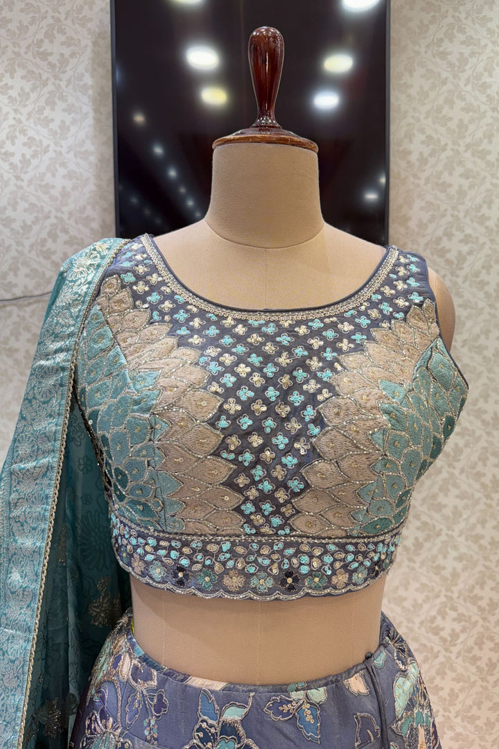 Grey Beads, Sequins, Zardozi and Multicolor Thread work with Digital Print Crop Top Lehenga