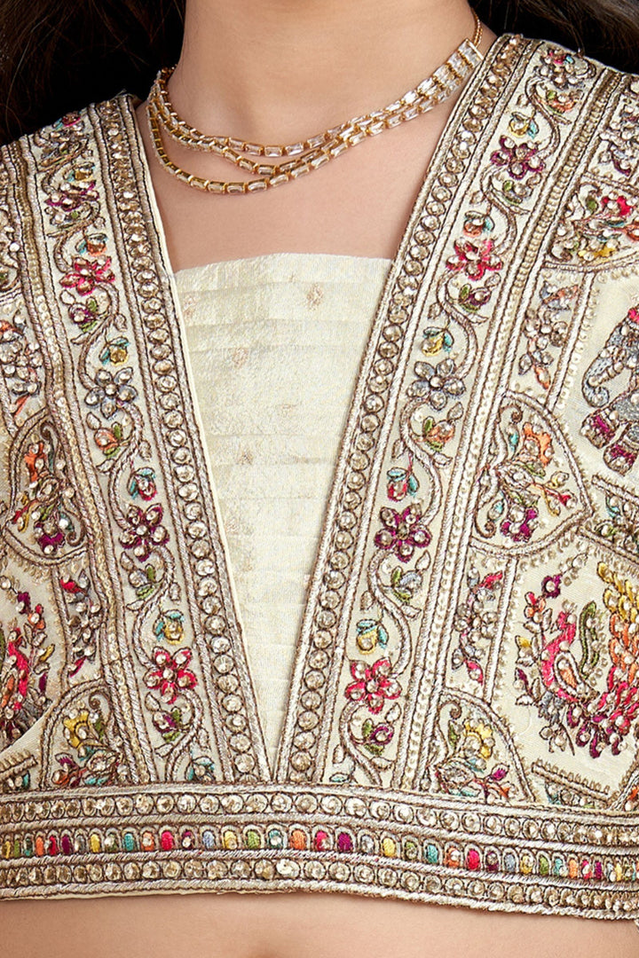 Cream Multicolor Thread, Stone, Zari and Sequins work Lehenga Choli for Girls