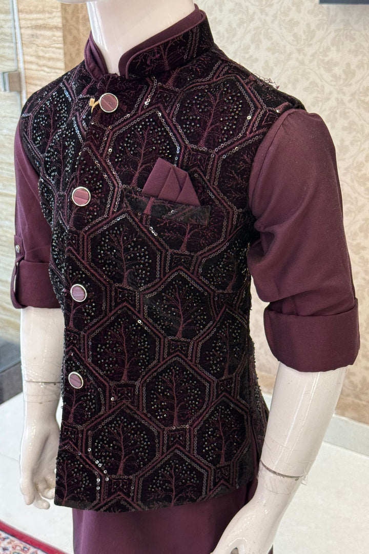 Wine Sequins, Beads and Thread work Waist Coat Kurta Set for Boys