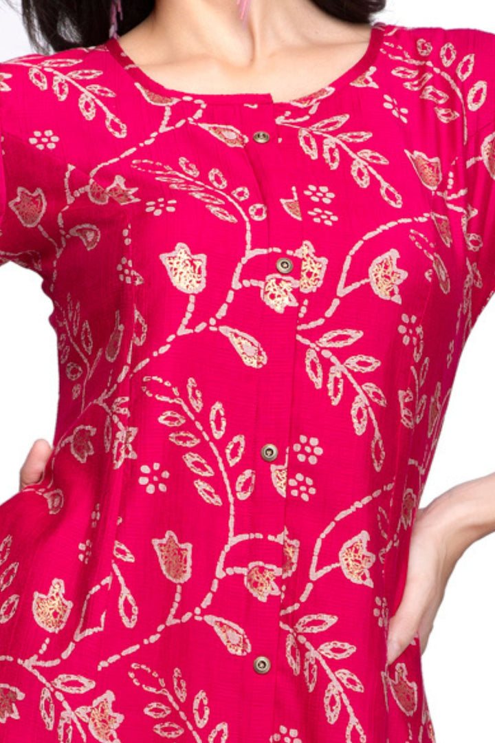 Rani Pink Digital Print Aline Cut Calf Length Kurti