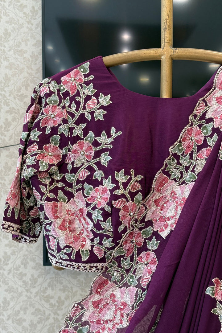 Wine Saree with Exquisite Floral Thread, Sequin and Bead Embellishments