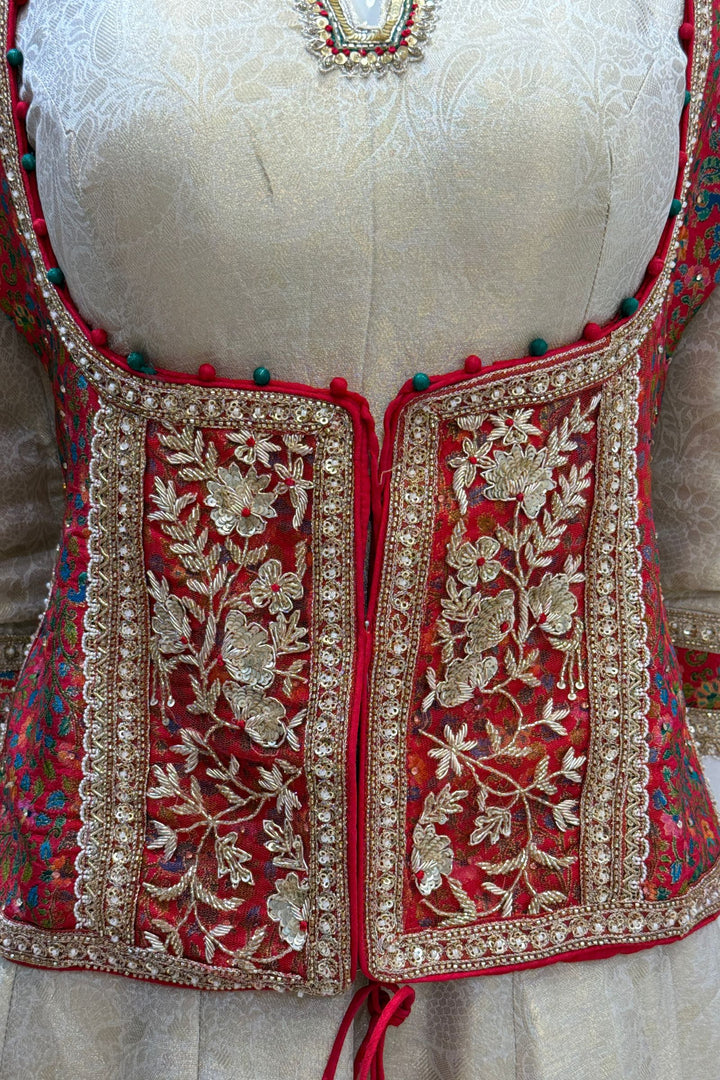 Beige Zardozi and Banaraswork Anarkali Style with jacket Salwar Suit with Palazzo Pant