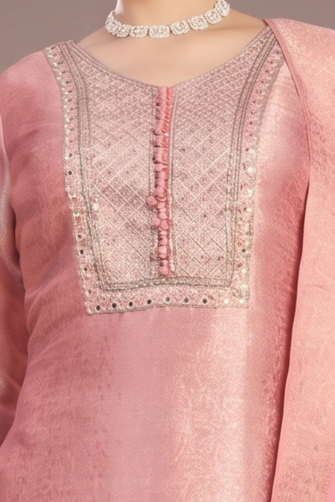 Lotus Pink Brocade, Stone, Zardozi, Mirror and Beads work Straight Cut Salwar Suit