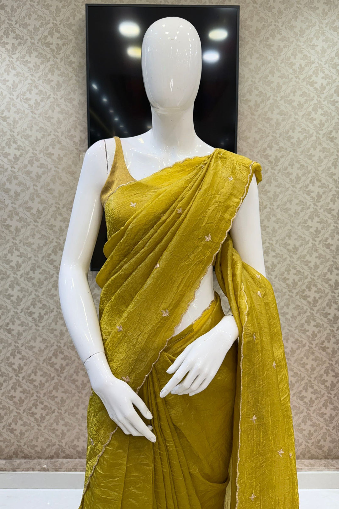 Liril Green Shimmer Tissue Saree with Scalloped Zari Border