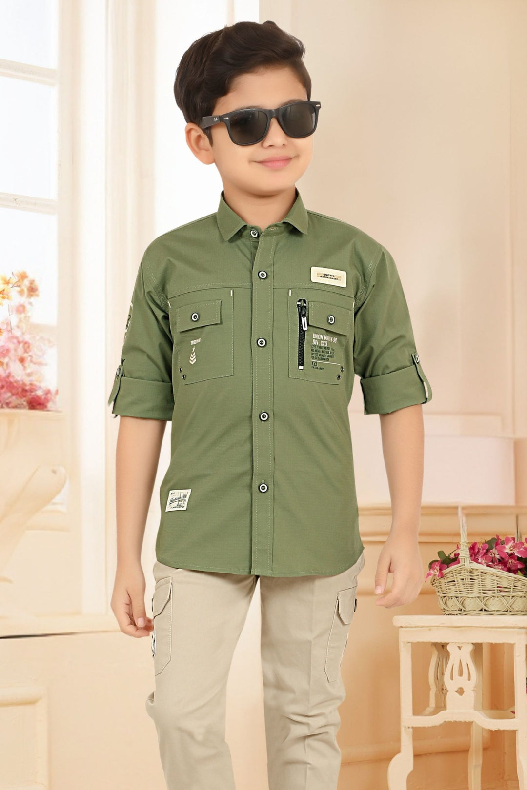 Pista Green Printed Shirt and Beige Pant Set for Boys