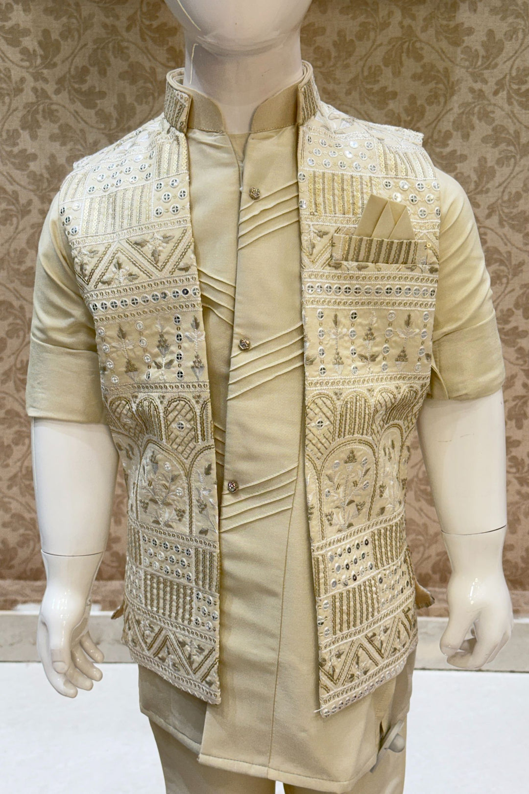 Beige Thread and Sequins work Waist Coat Kurta Set for Boys