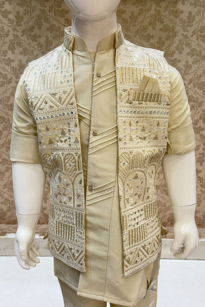 Beige Thread and Sequins work Waist Coat Kurta Set for Boys